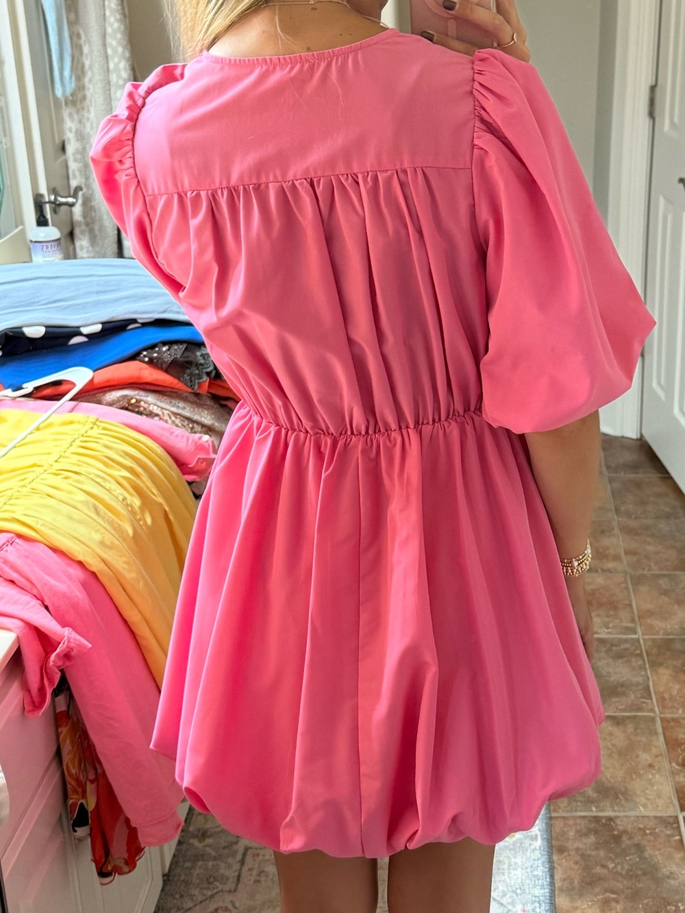 entro Hot Pink Puff-Sleeve Mini Dress - Picture 3 of 5